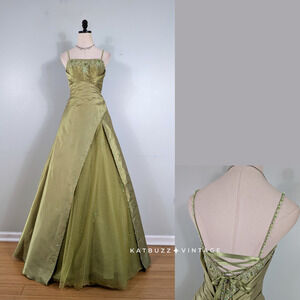 Vintage Prom Dress Maxi Gown 6 Olive Green Fairy Princess Y2K Bead Ball Corset